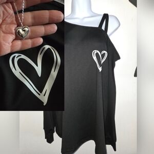 Black Long Sleeve Top with Heart Design Comes With Free Necklace